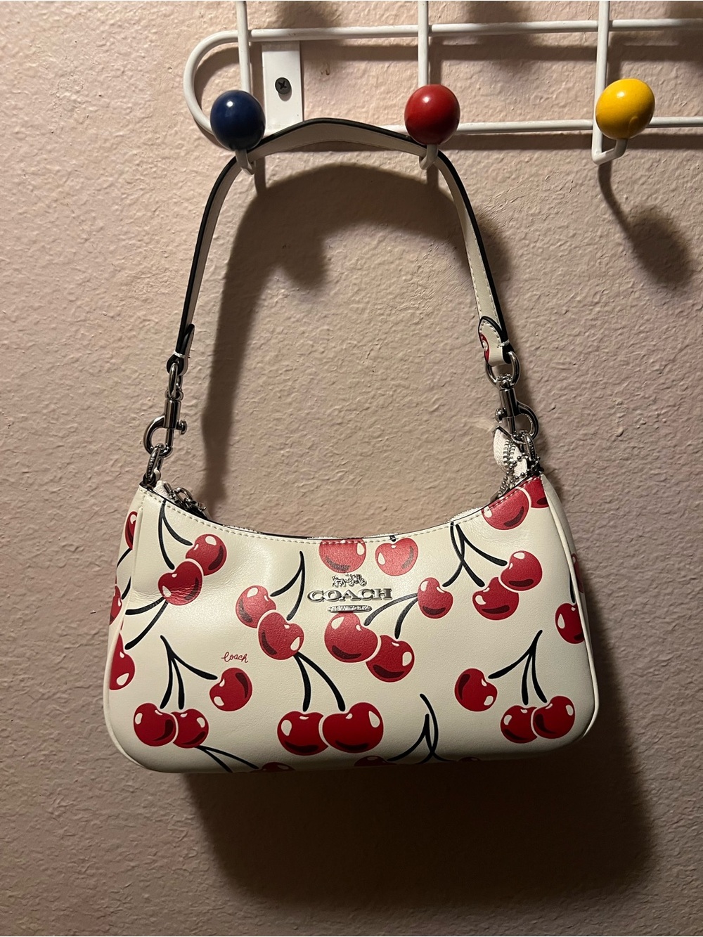 Coach White Leather Shoulder Bag with Red Cherry Print